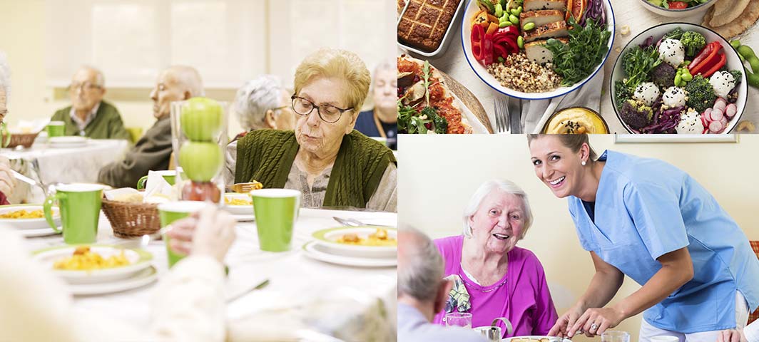 scènes de repas convivial entre résidents et soignantes